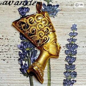 Nefertiti Egyptian Rhinestone Crystal Pendant Gold Tone